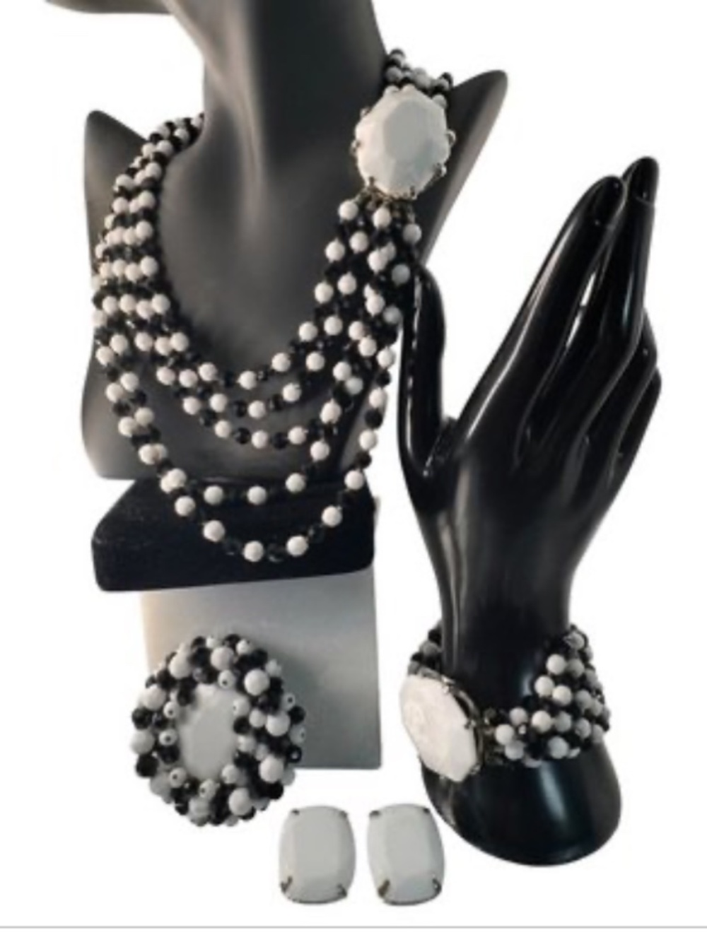 Signed Alice Caviness Vintage 1960s Black White Glass Parure Jewelry Set
